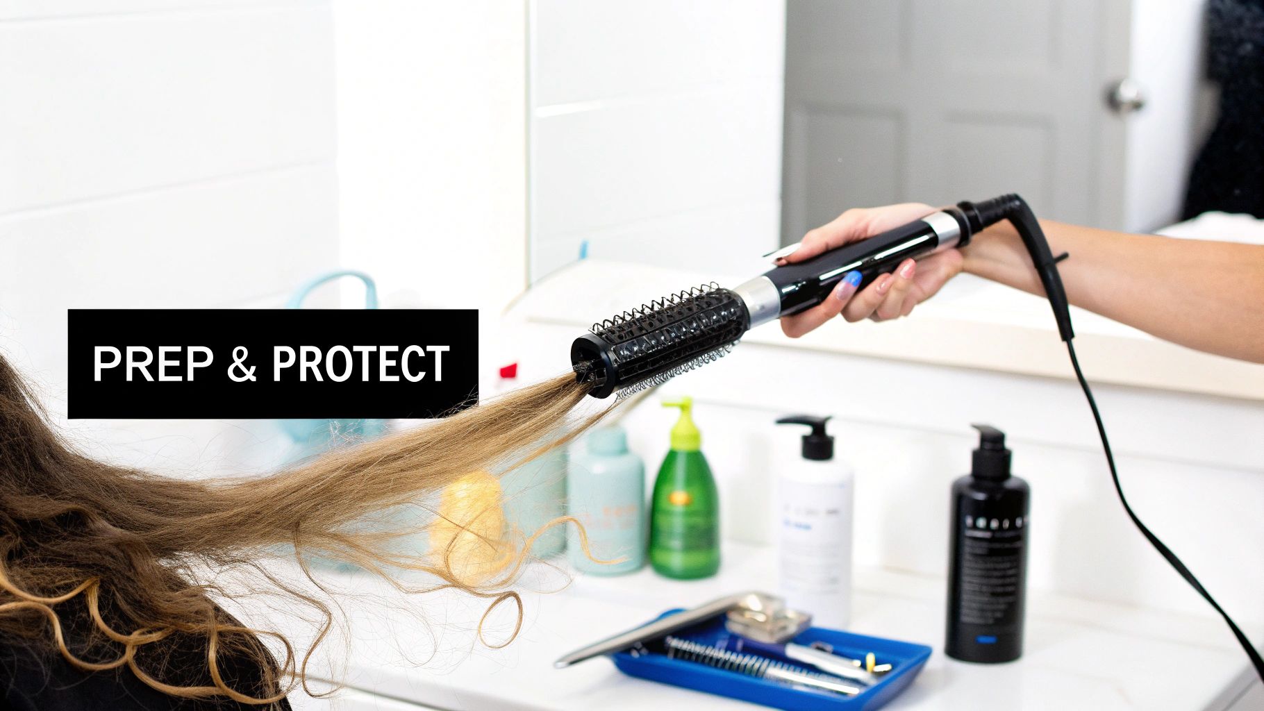 A person with long, blonde hair using a curling wand to create perfect waves.