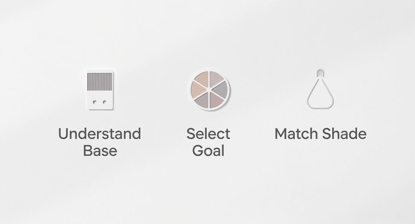 Infographic showing the process flow of choosing a shade for semi permanent hair dye for gray hair, starting with understanding your base colour, selecting your goal, and matching the shade.