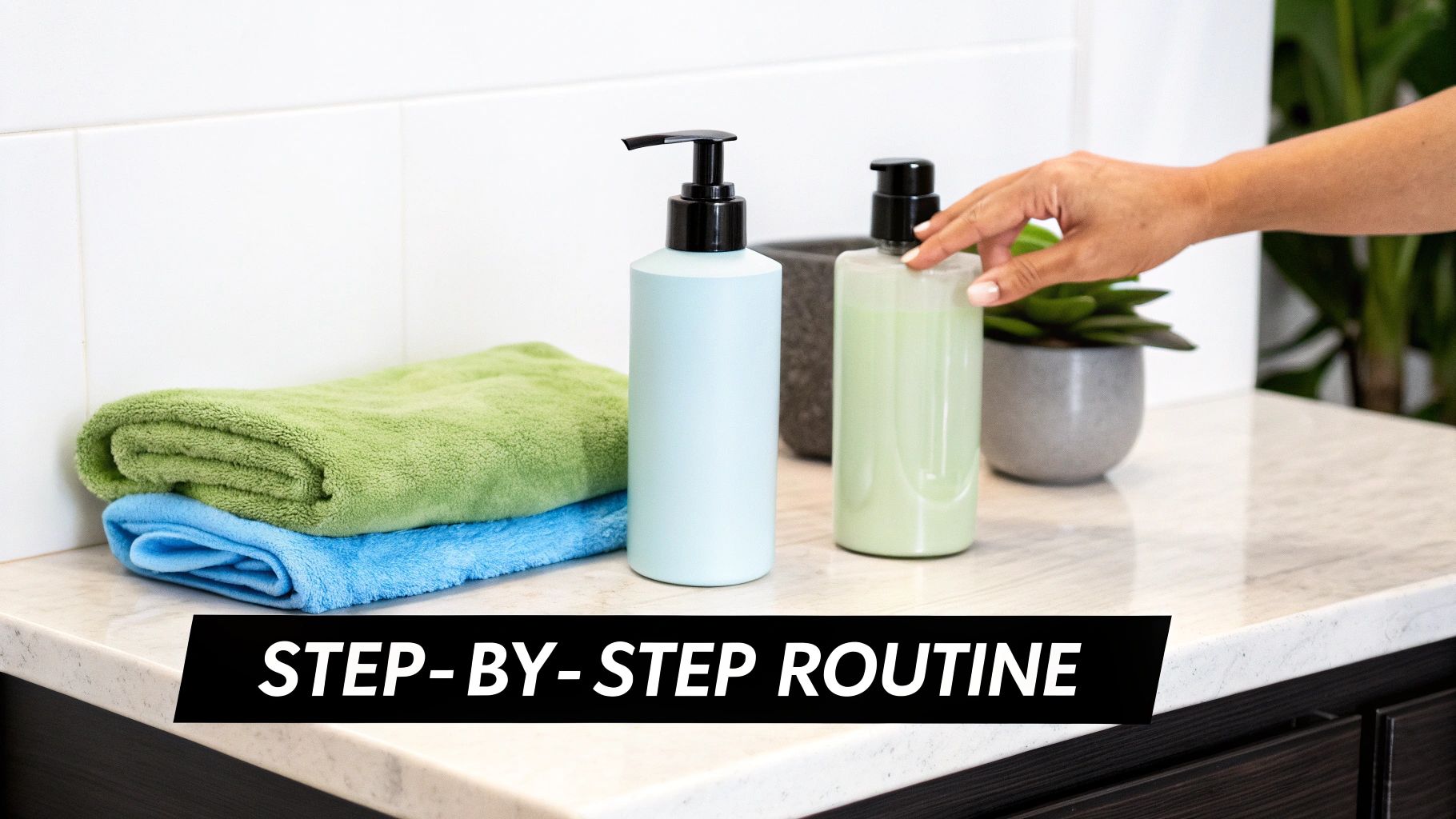 A person gently washing their hair in a modern bathroom