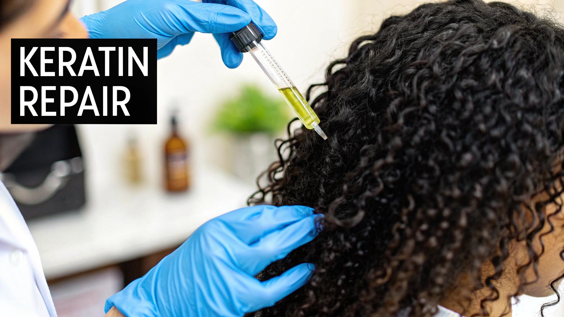 A close-up shot of a healthy, shiny strand of curly hair.