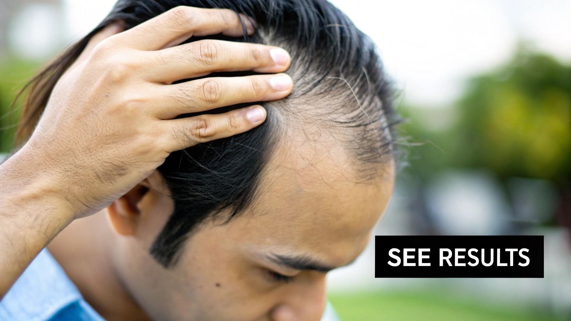 A person smiling as they touch their thick, healthy hair, looking pleased with the results.