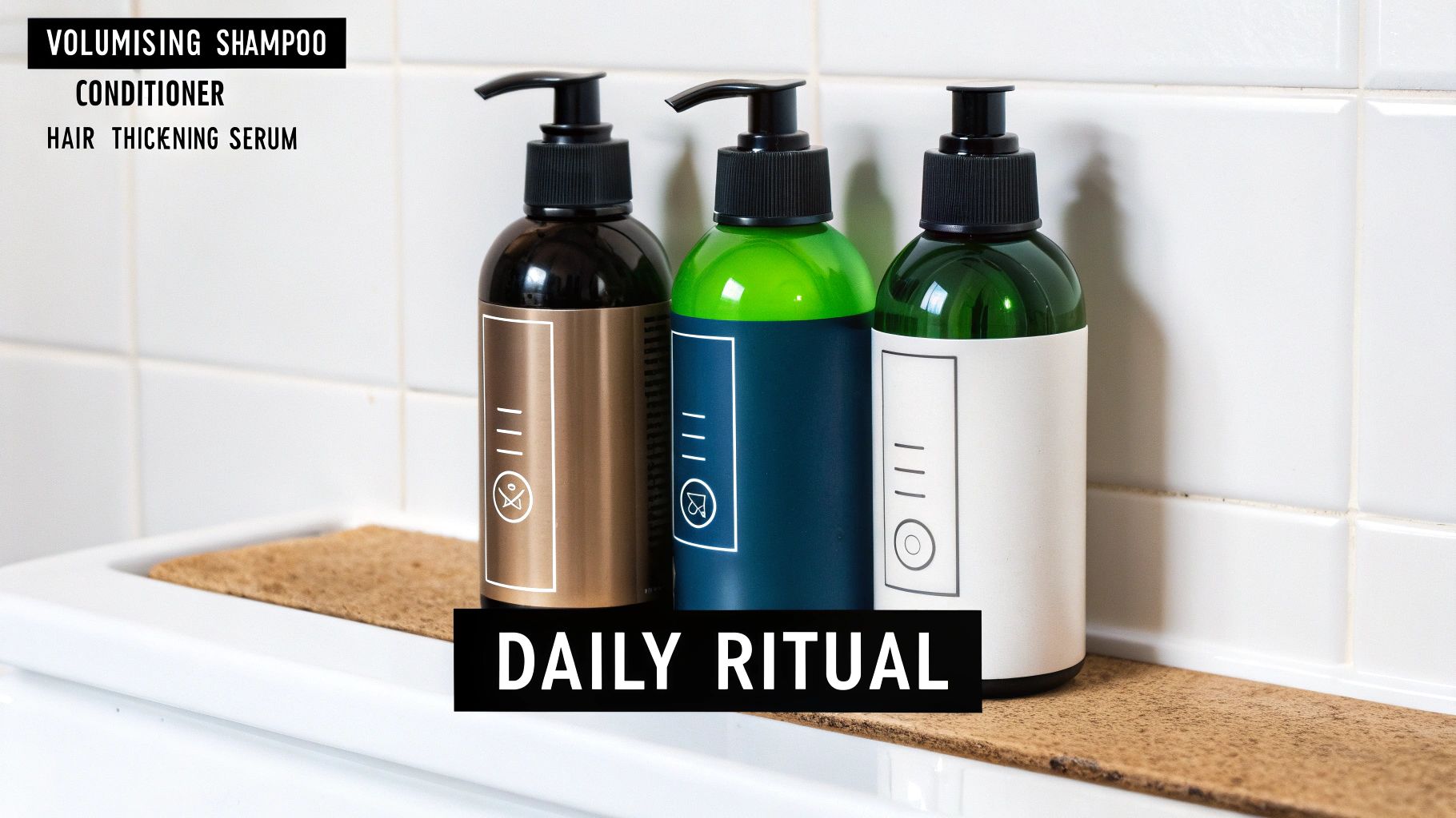 Woman applying hair product to long, thick hair.