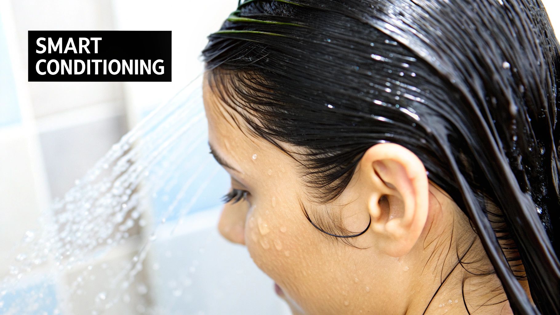 Person applying conditioner to the ends of their long, wet hair.
