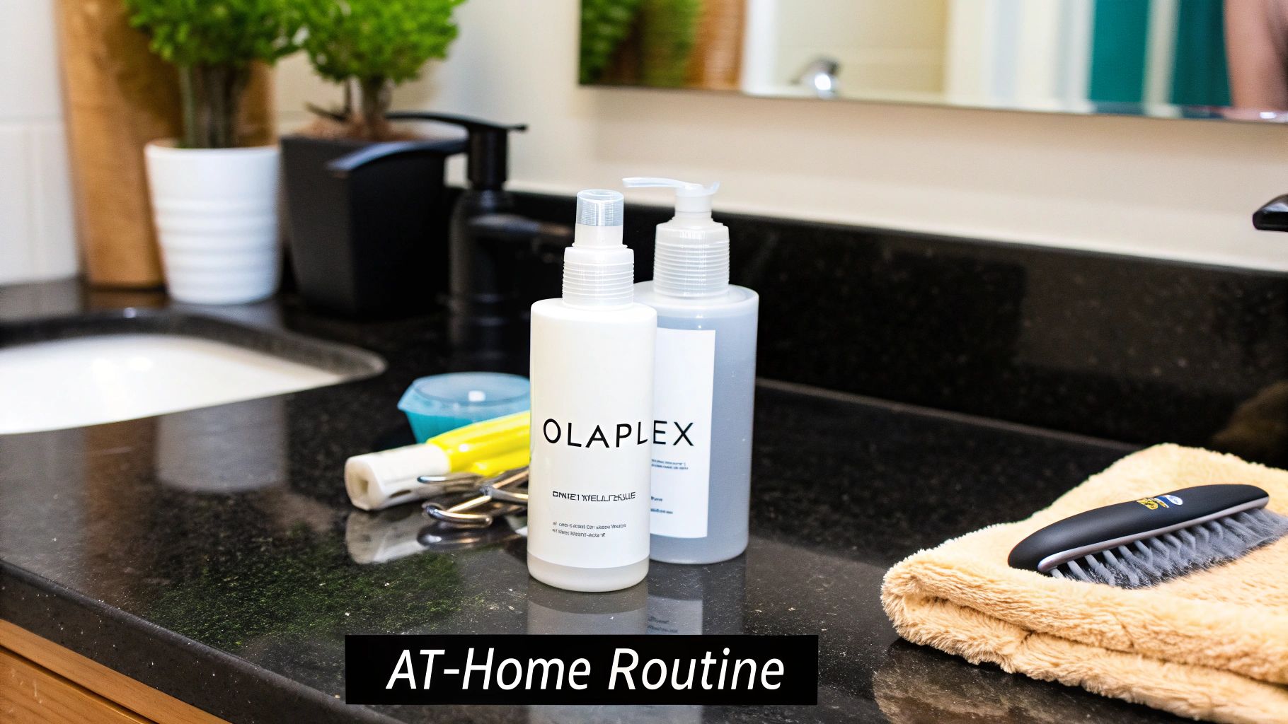 Woman applying hair treatment in a bathroom mirror