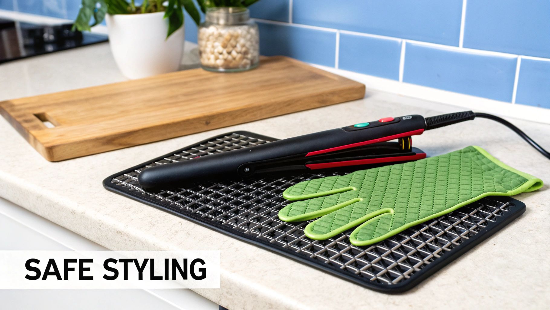 Woman with blonde hair placing a heat resistant mat on a surface before styling her hair.