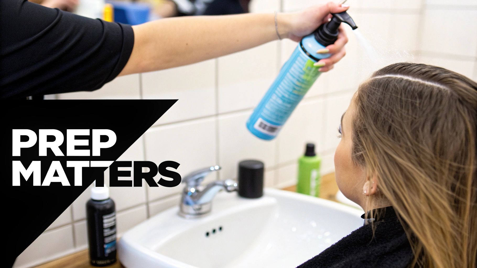 A woman spraying heat protectant on her long brown hair.