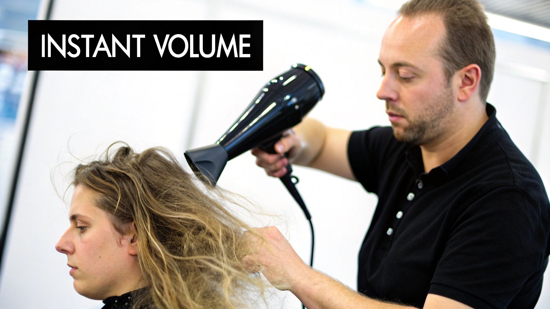 Woman styling her thick, voluminous hair.