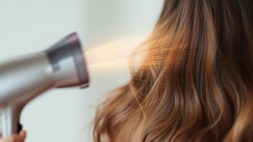 A woman squeezing water from her hair with a towel in a bright bathroom.