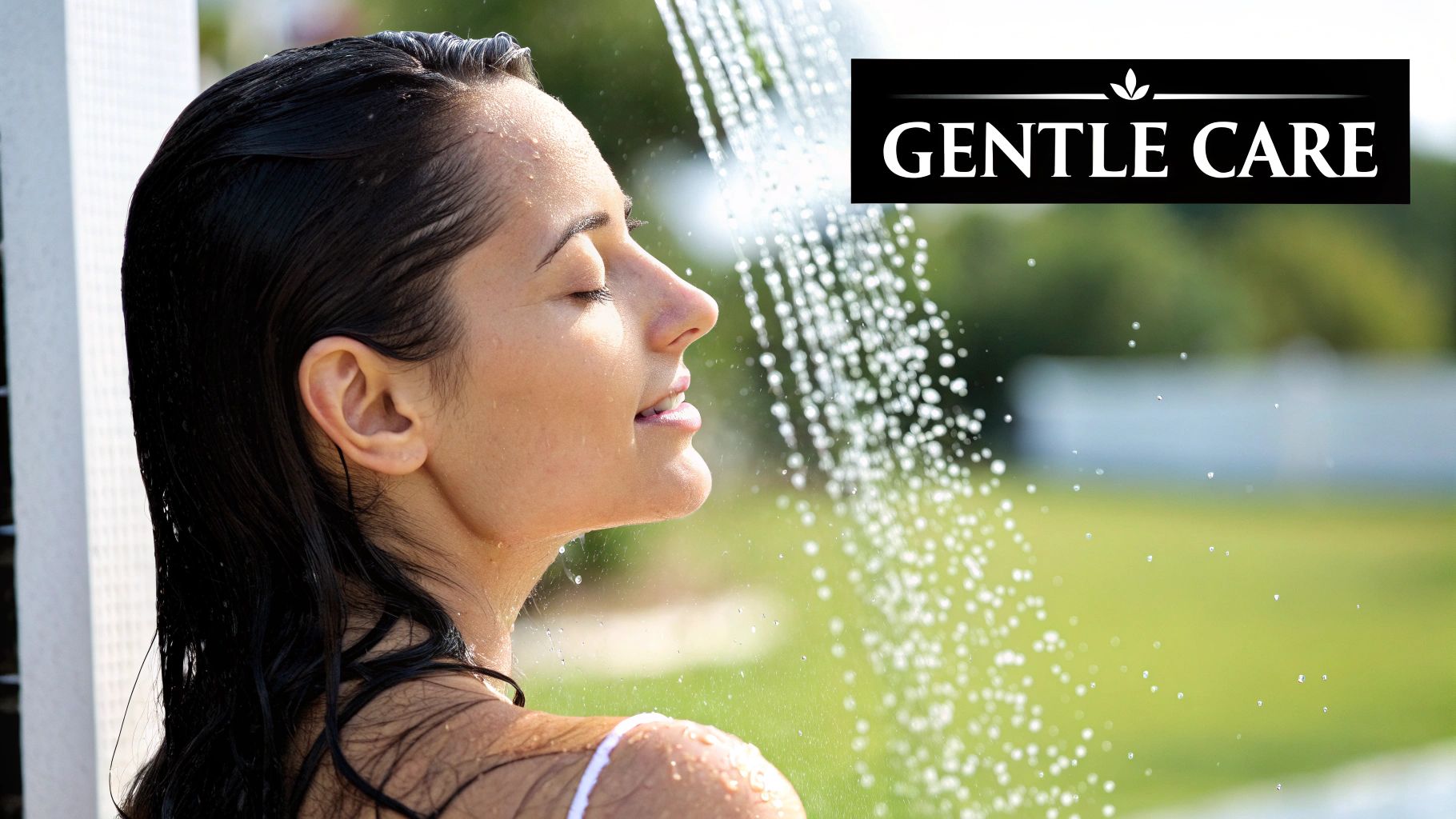 A woman with healthy, shiny hair smiling, representing the benefits of sulphate-free shampoo.