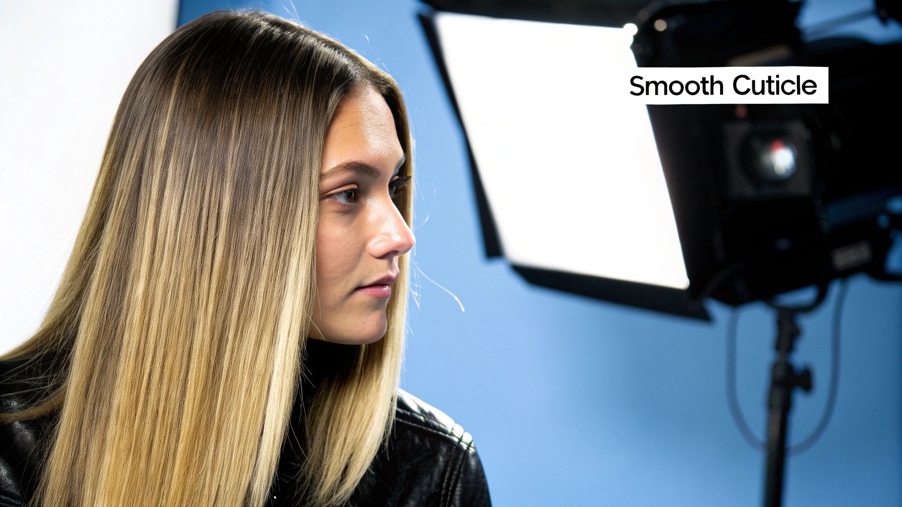 A woman with shiny, glossy hair looking over her shoulder