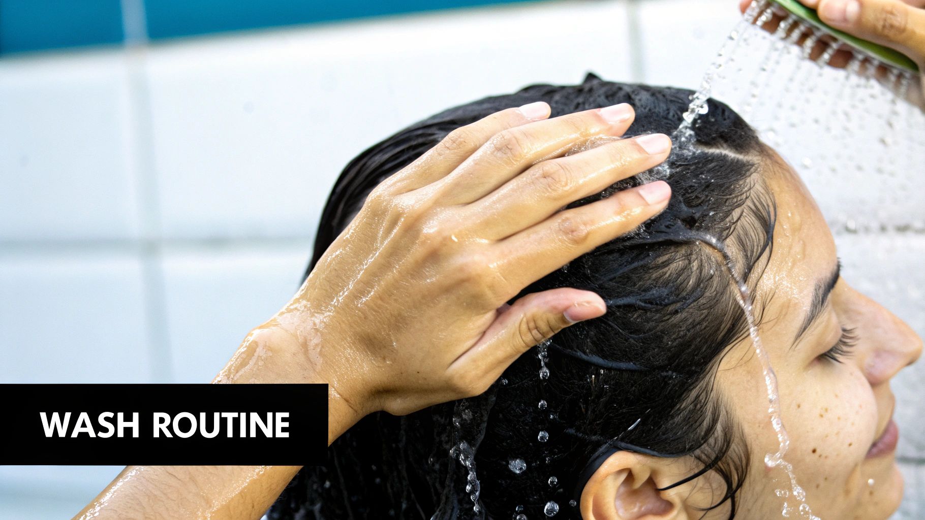 Woman rinsing her hair in the shower, demonstrating a good hair wash routine.