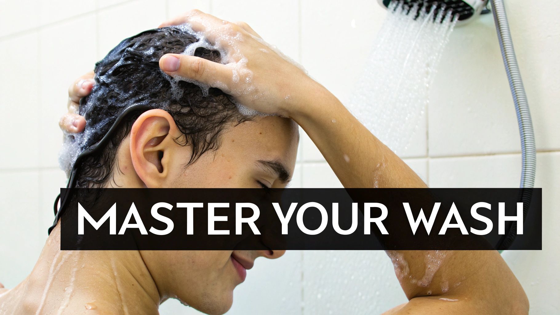 A person rinsing their long, healthy-looking hair in a shower.