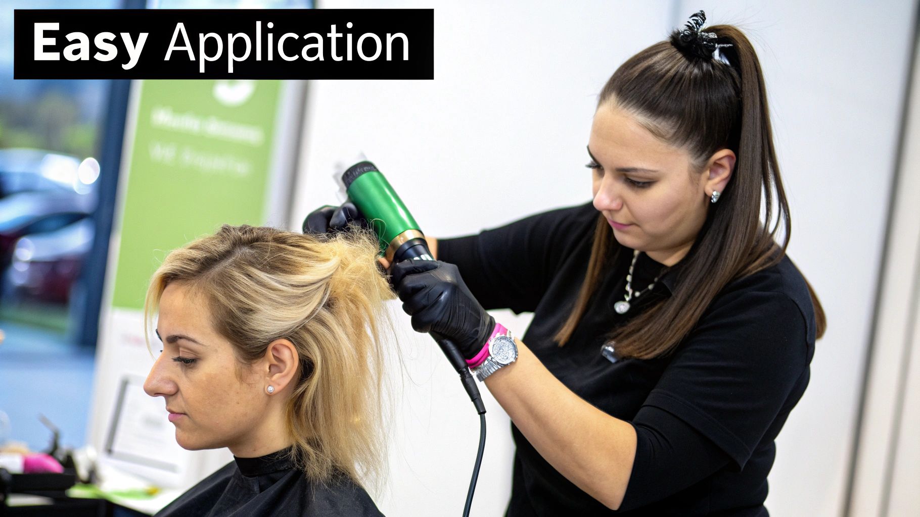 A woman spraying Moroccanoil heat protectant onto her hair