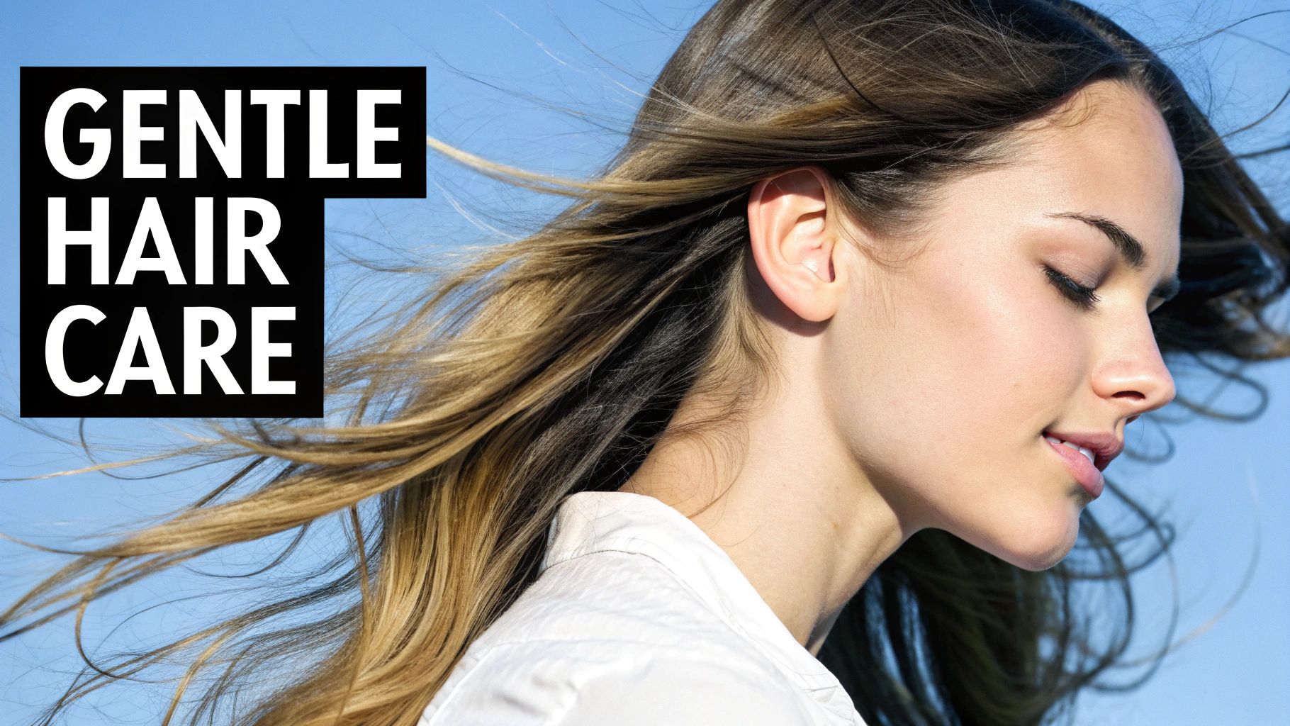 A woman with healthy, shiny hair smiling, representing the benefits of using paraben and sulfate free shampoo.