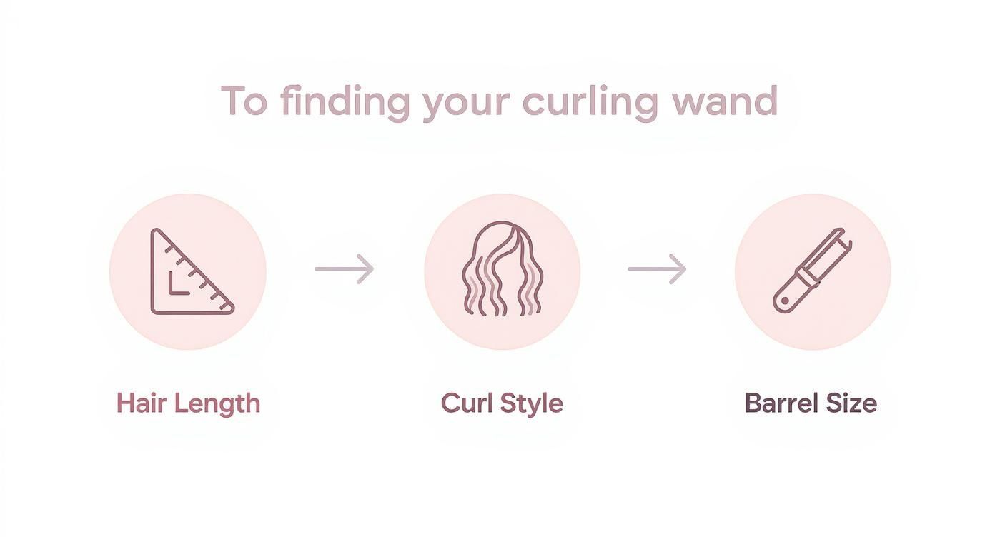 Infographic showing the process of choosing a curling wand based on hair length, curl style, and barrel size.
