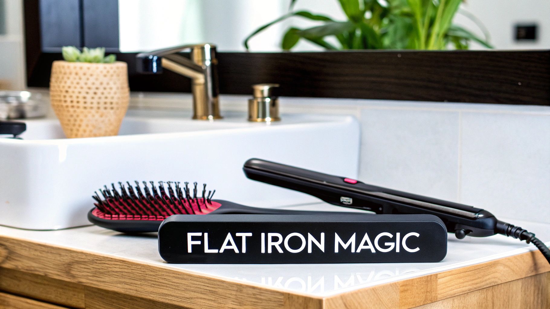 Woman with blonde hair curling her hair with a straightener