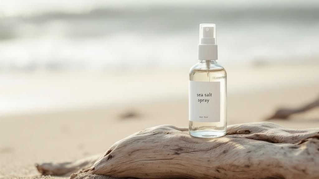 A woman with tousled, beachy waves holds a bottle of sea salt spray