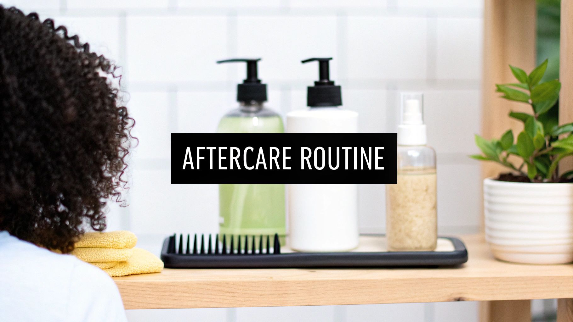 A woman with perfectly maintained, hydrated curly hair applying aftercare products.