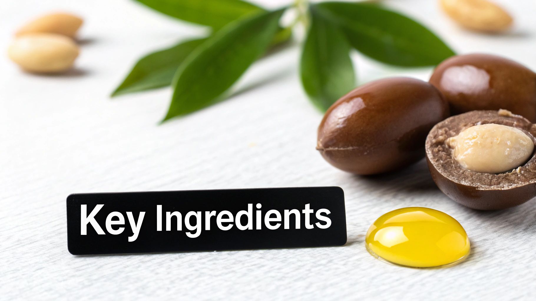 A bottle of Moroccanoil heat protectant next to argan nuts