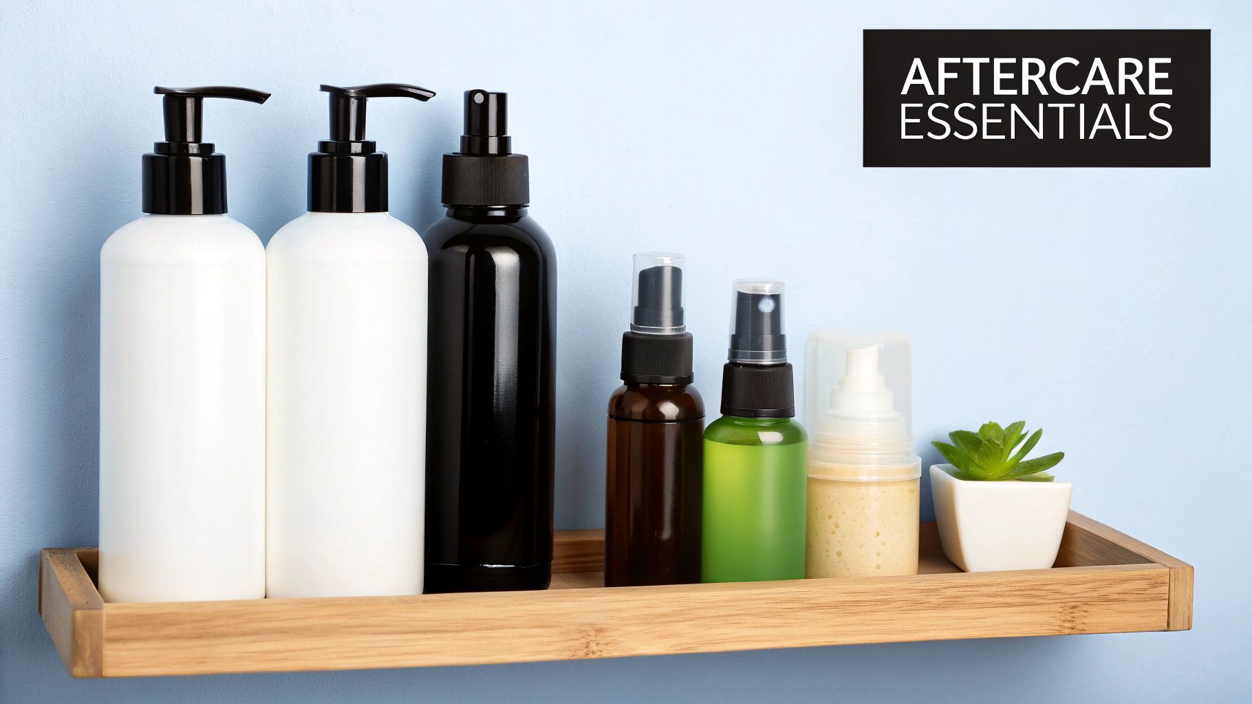 A woman applying aftercare hair product to her long, smooth, and shiny hair.