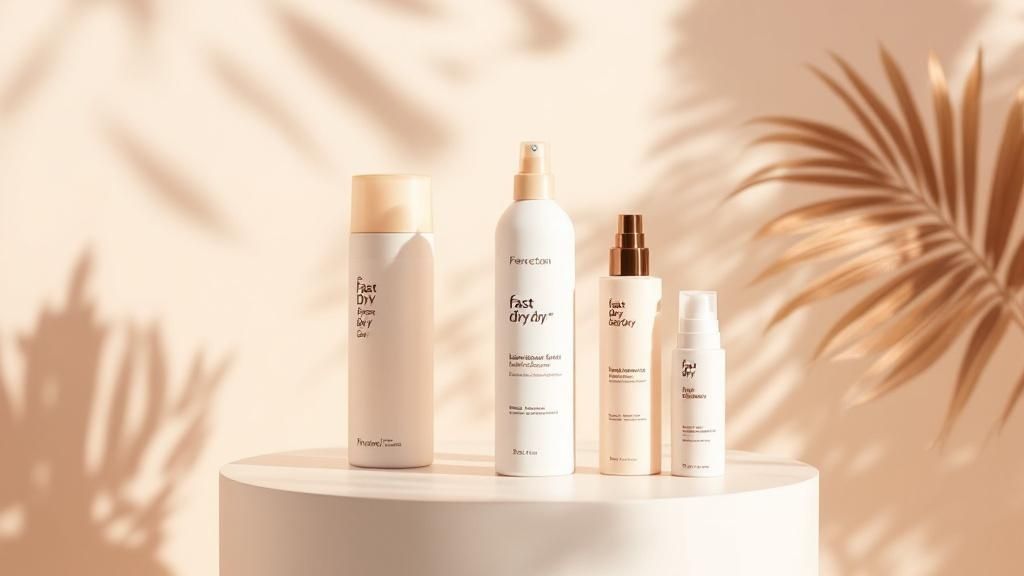 A collection of professional hair styling products and tools neatly arranged on a vanity.