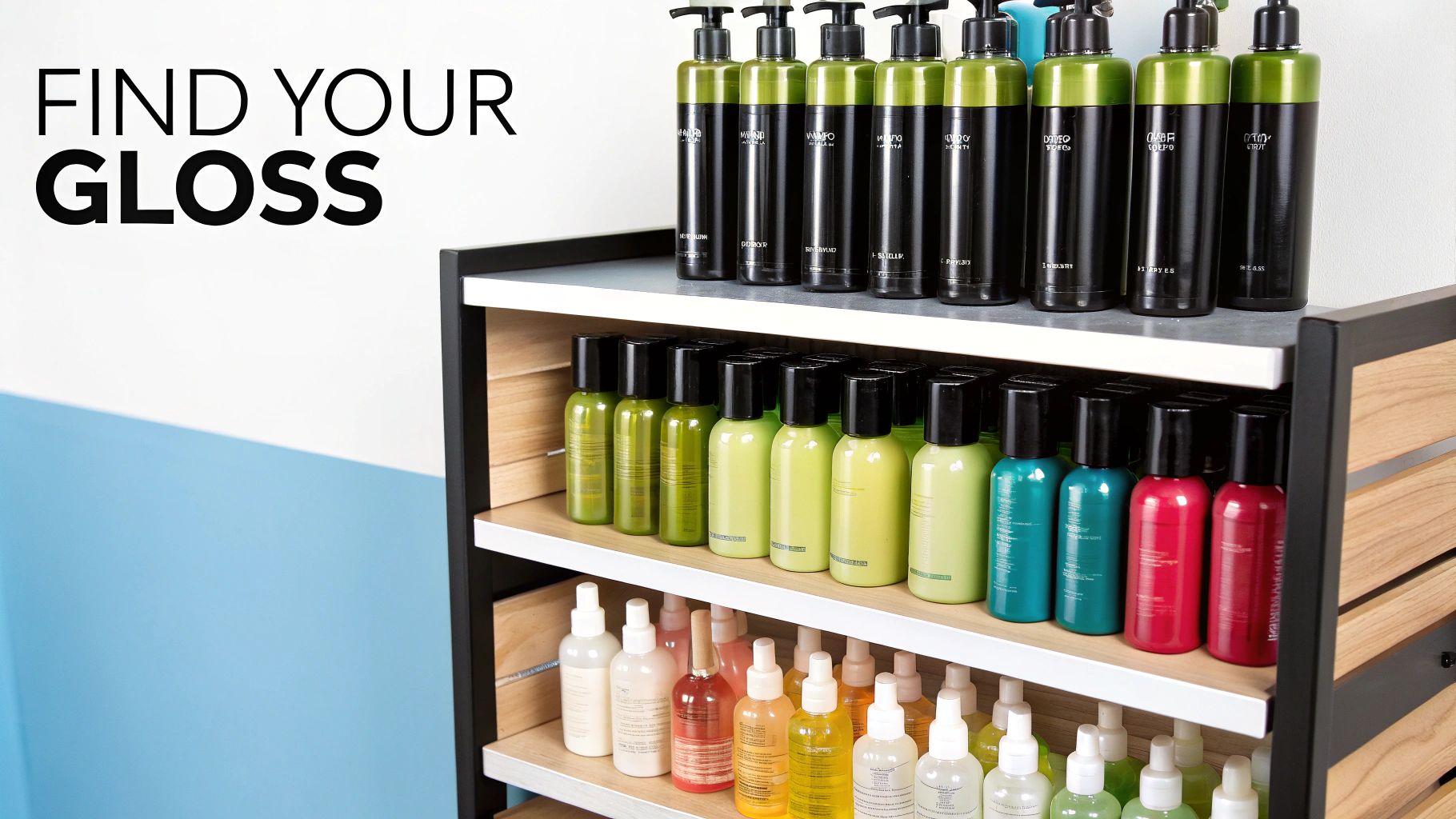 A display of different hair gloss products on a shelf
