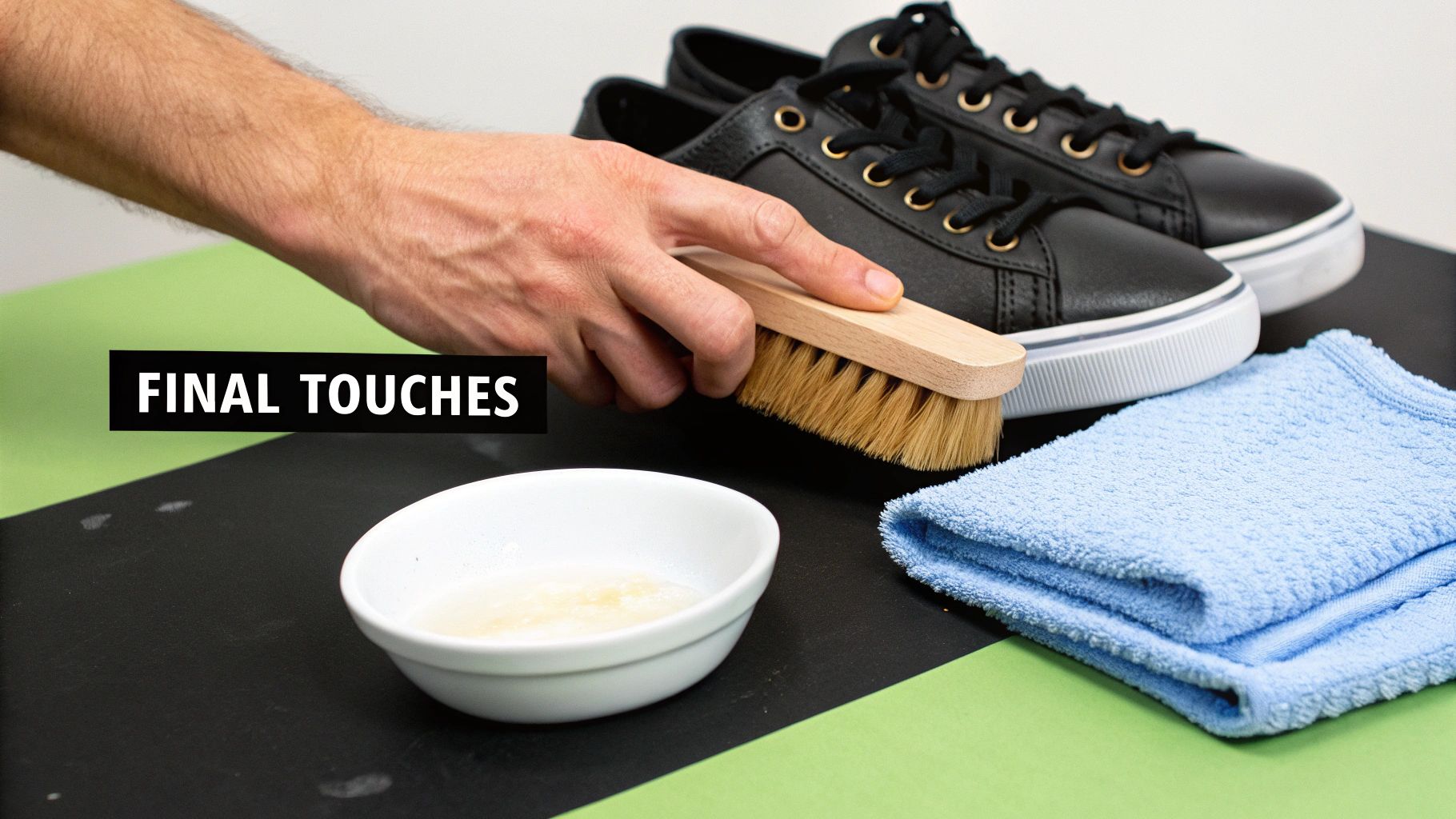 A person's hand brushes a black sneaker with a wooden brush, next to a bowl of cleaner and a blue towel.