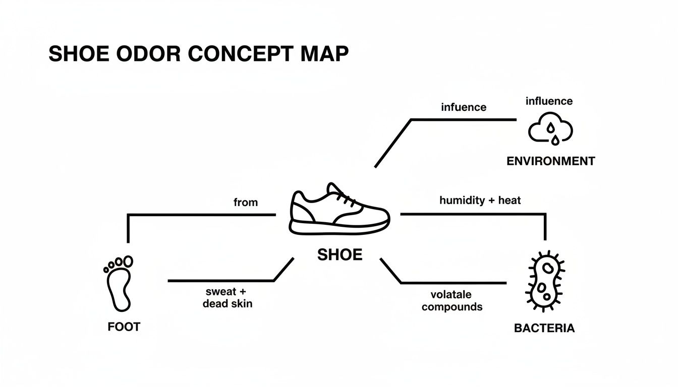 A concept map illustrating shoe odor causes: foot sweat and dead skin, bacteria, humidity, heat, and their influence on the shoe.