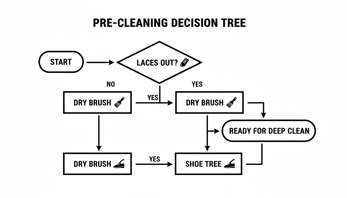 Flowchart outlining pre-cleaning steps for shoes, including dry brushing and shoe tree usage.