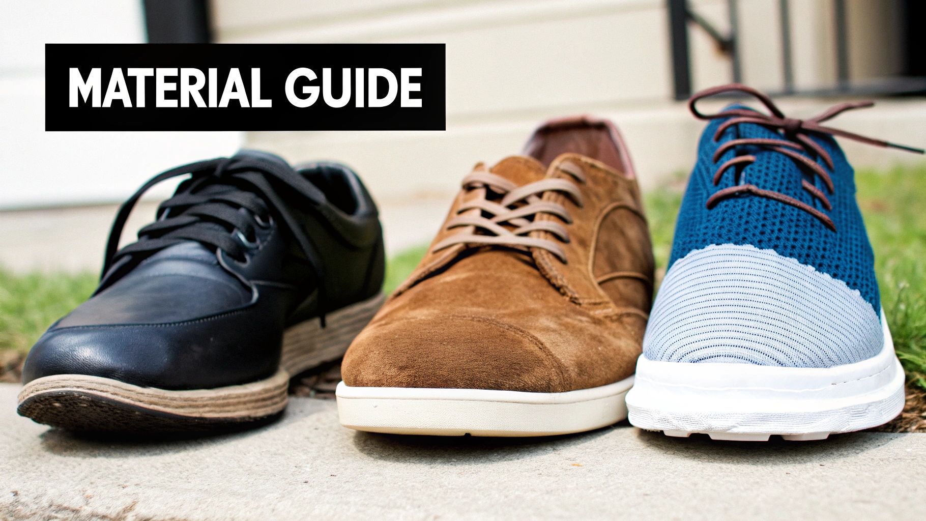 A material guide displaying three distinct shoes: black leather, brown suede, and blue knit.