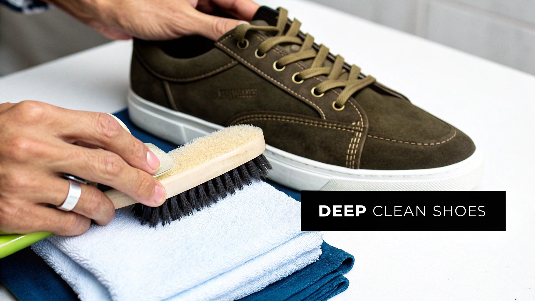 Close-up of hands cleaning a brown suede shoe with a brush and towels.