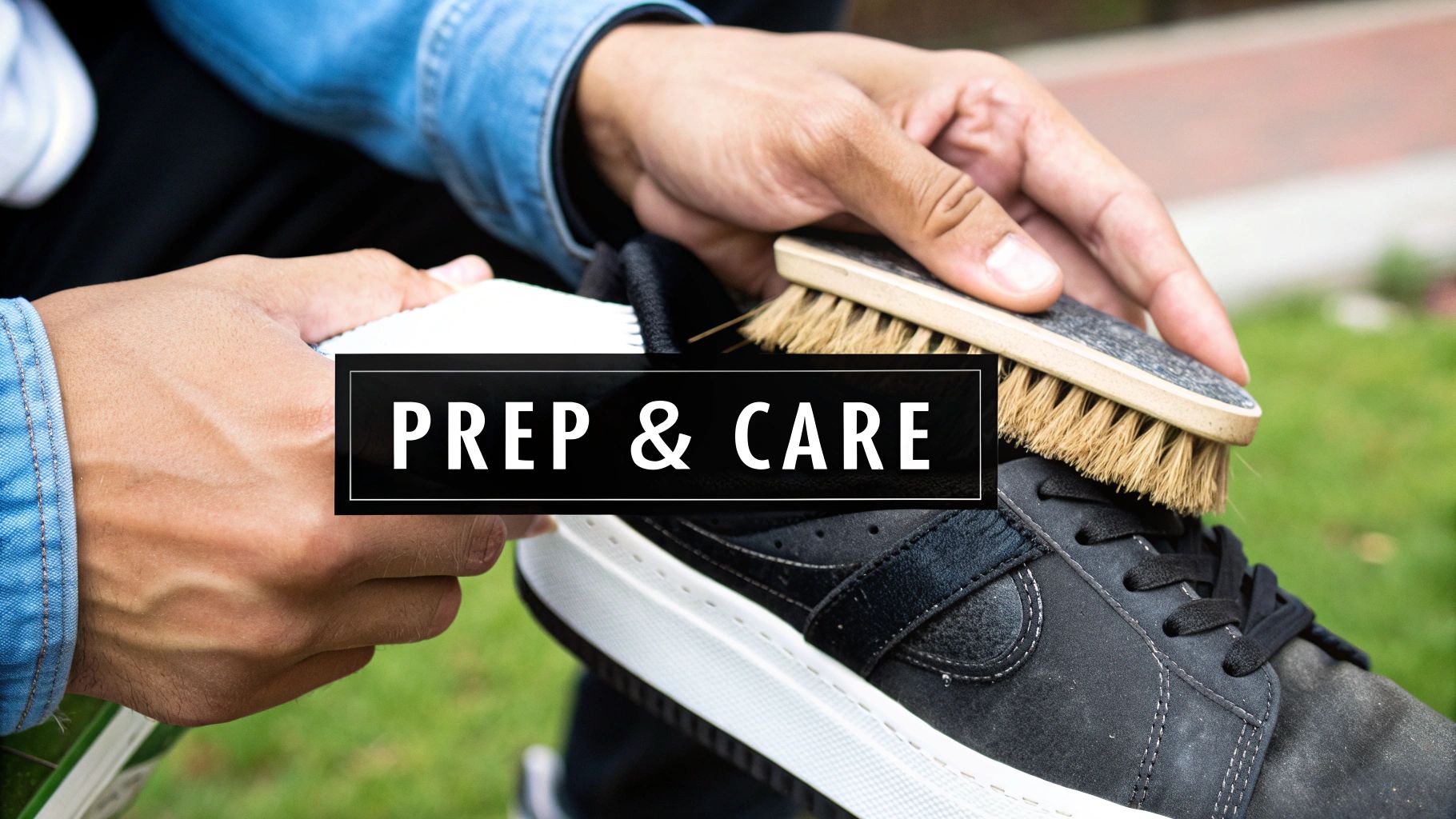 Close-up of hands cleaning a black sneaker with a brush and white cloth, illustrating shoe prep and care.