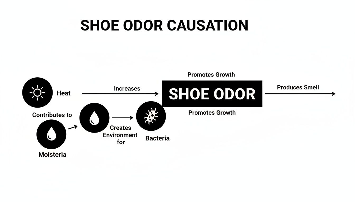 Diagram illustrating how heat, moisture, and bacteria contribute to shoe odor and produce smell.