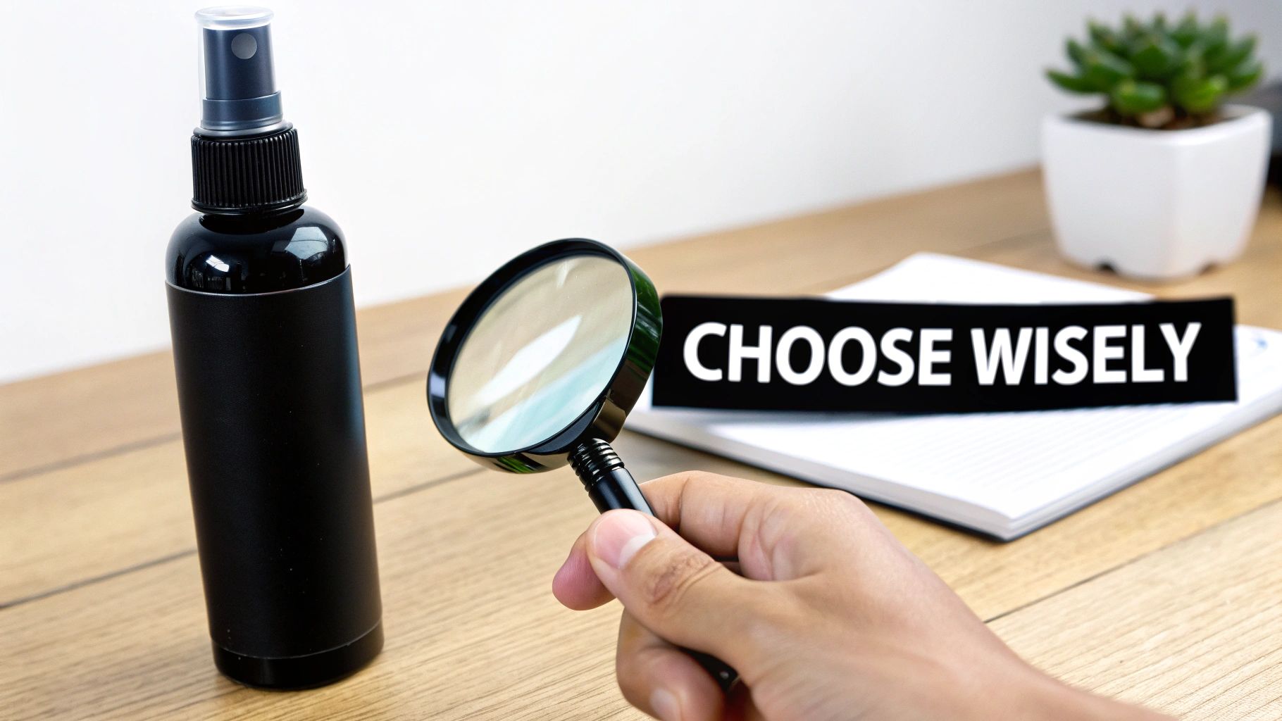 A hand uses a magnifying glass to inspect a black spray bottle with a 'CHOOSE WISELY' sign.