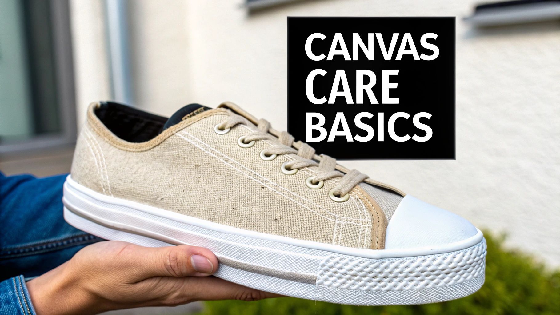 A person holds a beige canvas shoe with white soles; a black box reads 'CANVAS CARE BASICS'.
