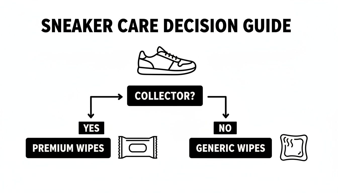 A sneaker care decision guide flowchart. It asks if the user is a collector, recommending premium or generic wipes.