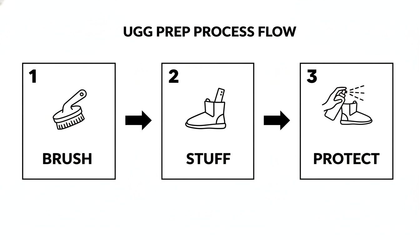 Flowchart showing 3 steps for UGG boot preparation: brush, stuff, and protect.