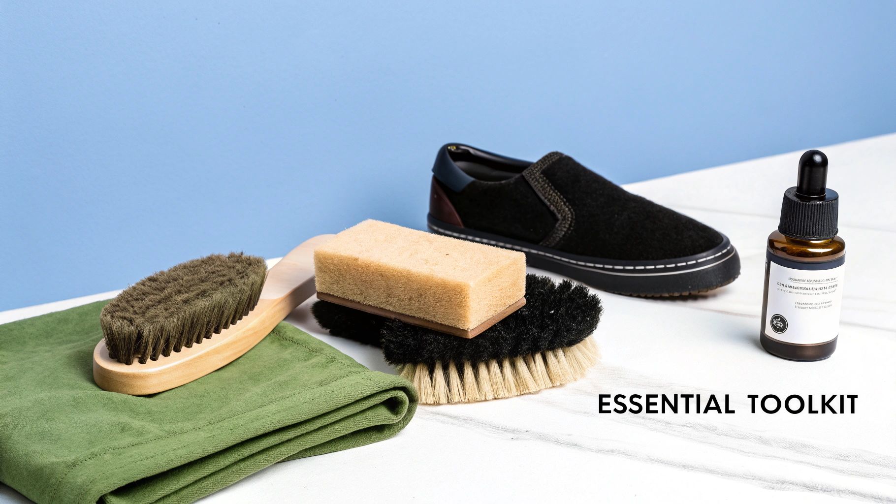A comprehensive shoe cleaning toolkit with various brushes, a sponge, cleaning liquid, and a black shoe.