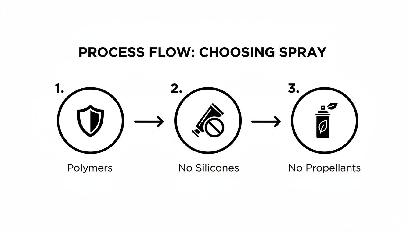 A process flow diagram illustrating the selection criteria for a spray product: Polymers, No Silicones, No Propellants.