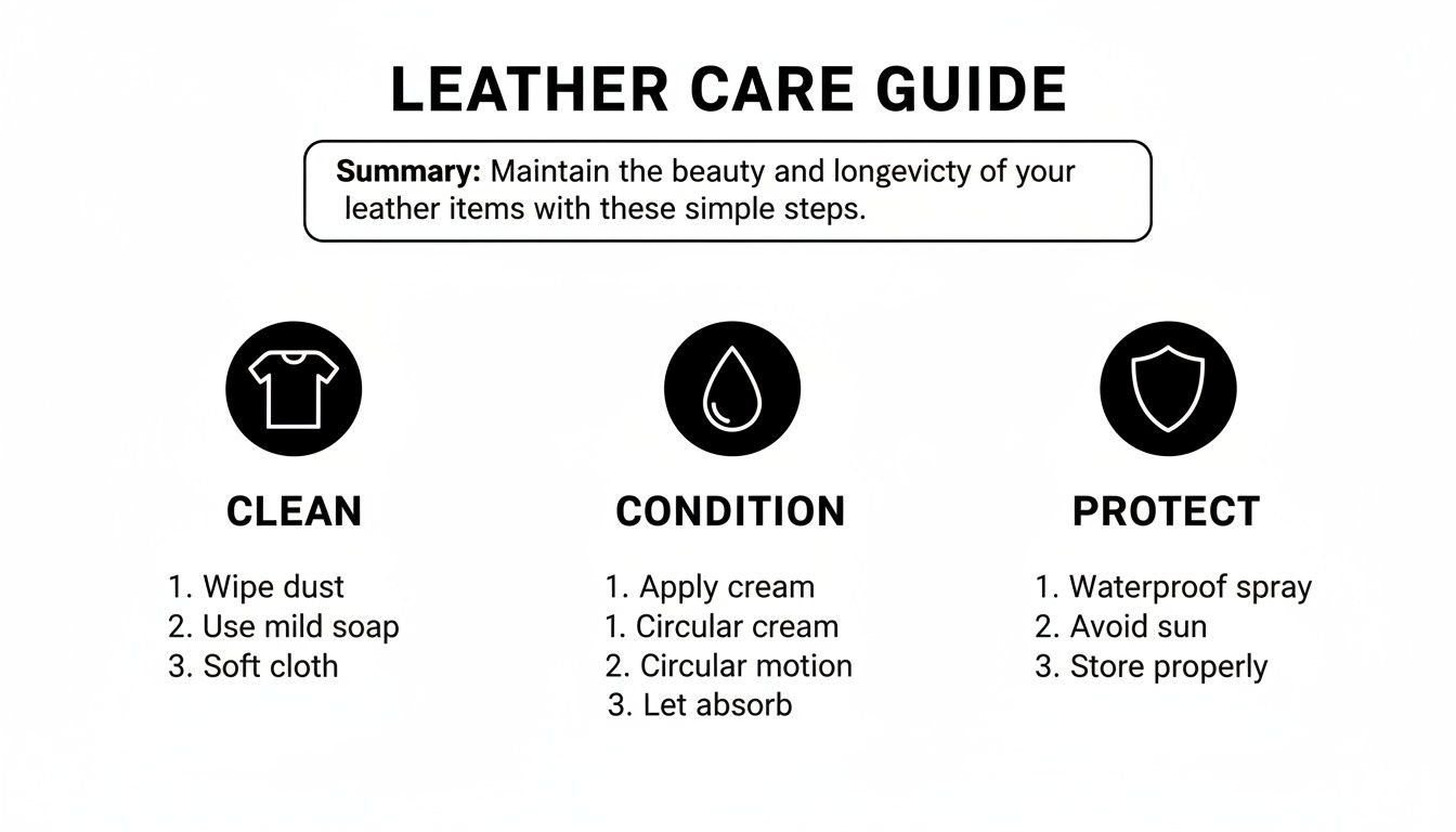 A comprehensive leather care guide detailing steps to clean, condition, and protect leather items effectively.