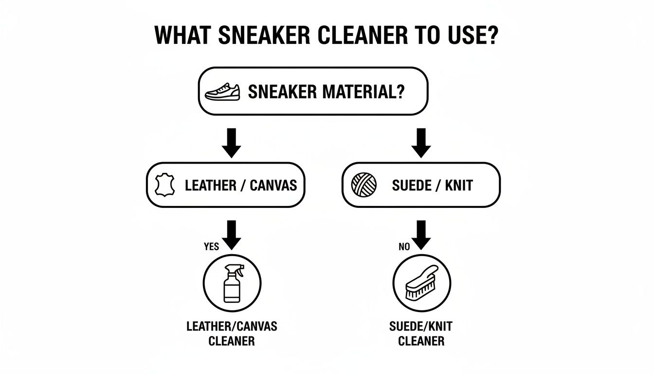 Flowchart guiding users on selecting the right sneaker cleaner based on shoe material types.