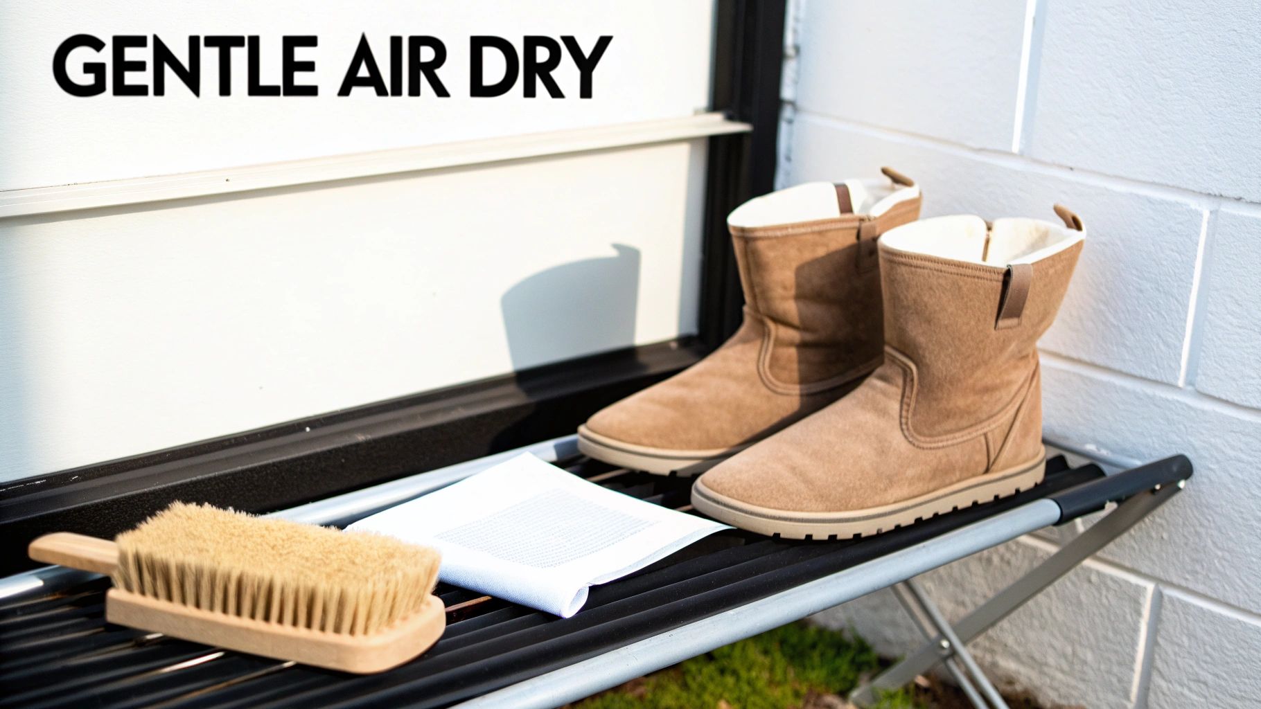 Brown sheepskin boots and cleaning brush on a drying rack with 'GENTLE AIR DRY' text.