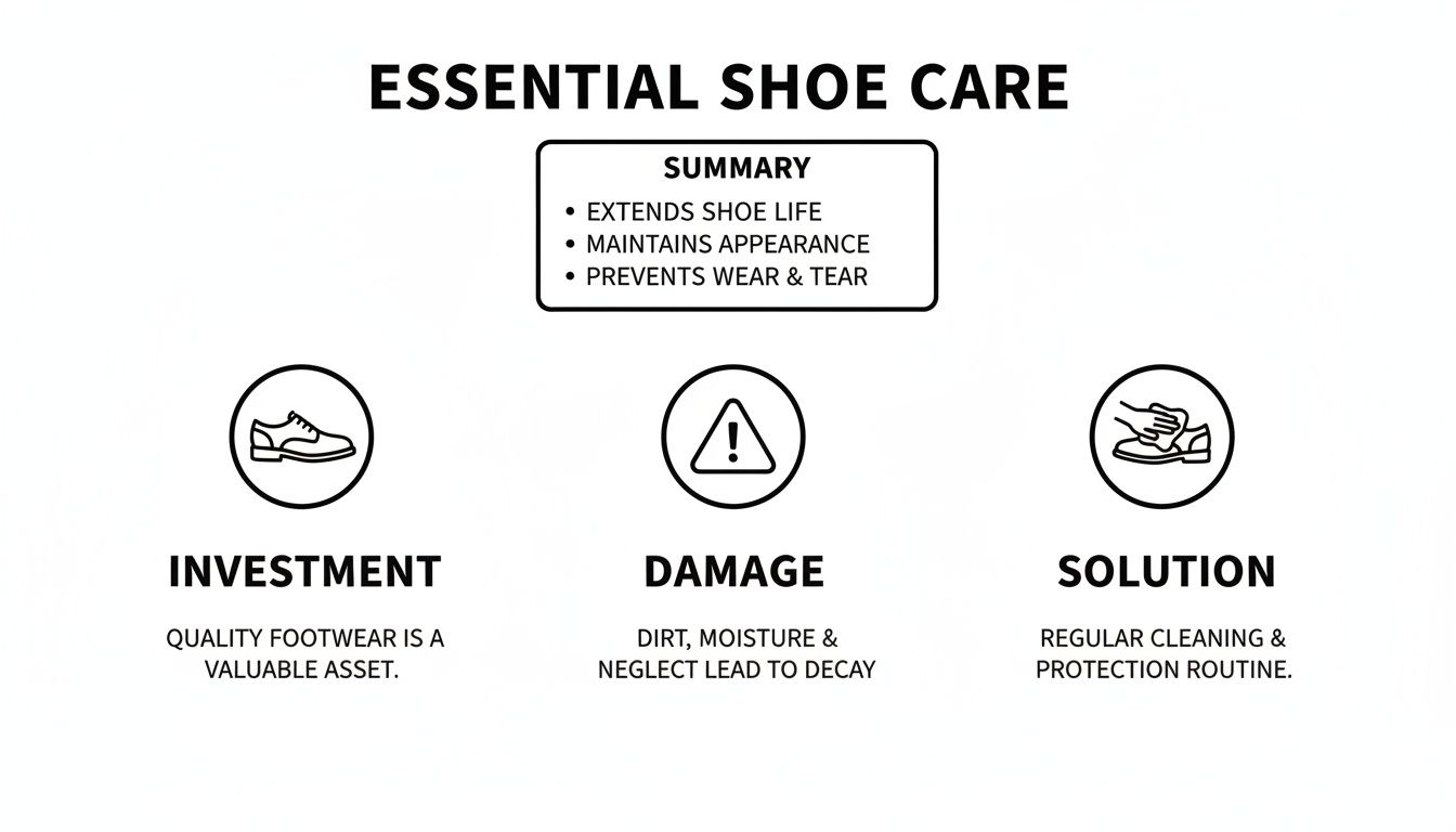 Infographic on essential shoe care: investment, damage prevention, and regular cleaning for longevity.
