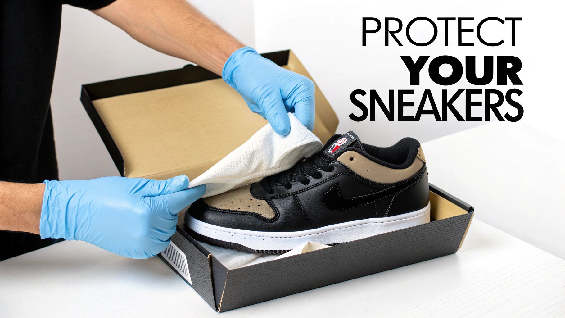 Person in blue gloves cleaning a black and tan sneaker in a shoebox with a white cloth.