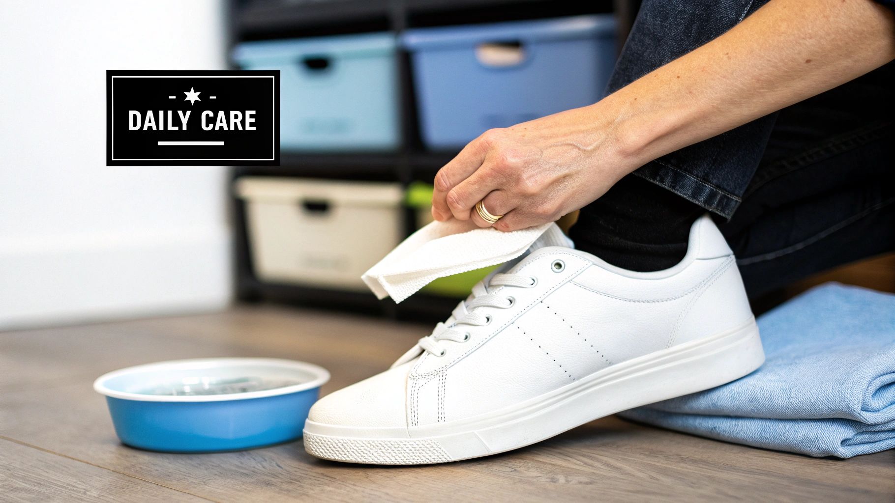 A person carefully cleans a white sneaker with a cloth and water, demonstrating daily shoe care.