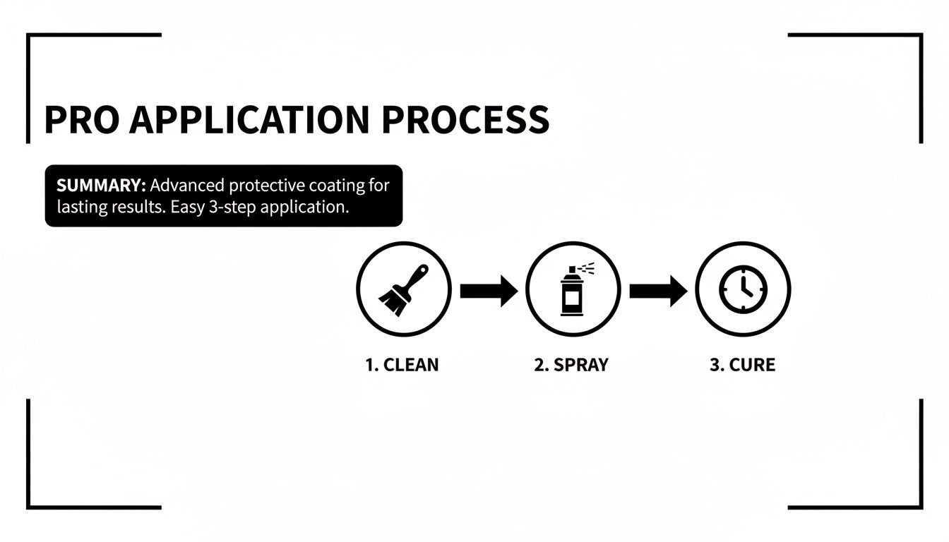 A 3-step application process for protective coating: clean, spray, and cure for lasting results.