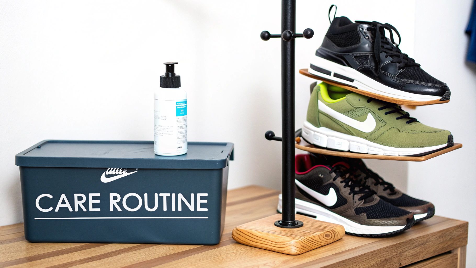 Nike sneakers displayed on a tiered shoe rack next to a 'Care Routine' box and cleaning bottle.