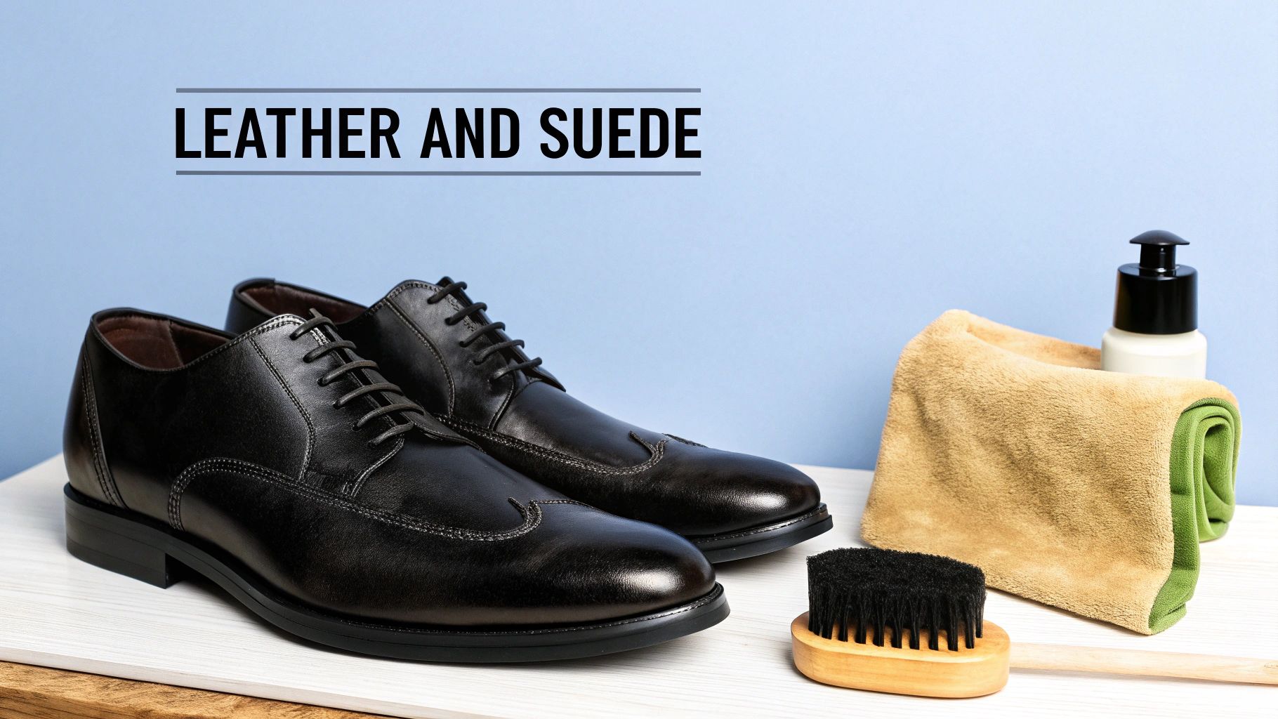 A pair of shiny black leather dress shoes with shoe cleaning products on a light blue background.