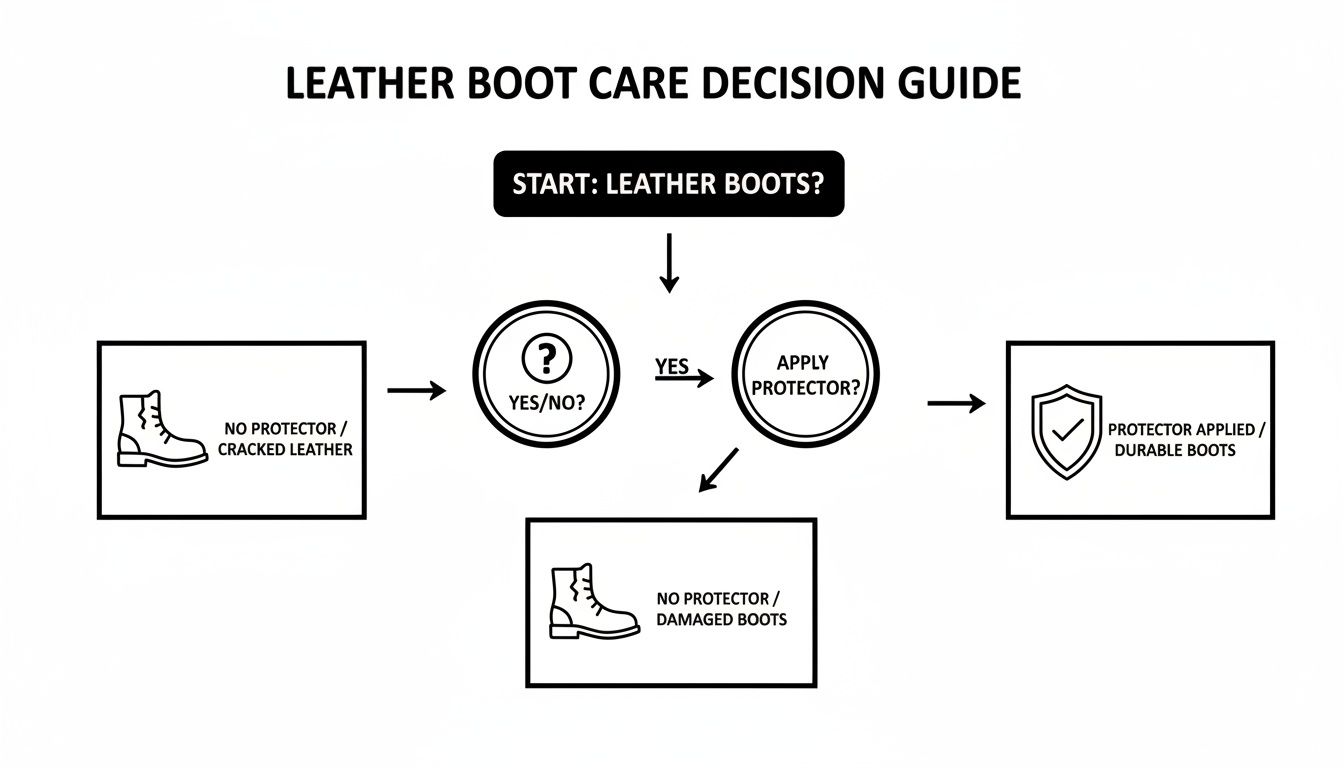 Flowchart illustrating a leather boot care decision guide, covering protector application and outcomes.
