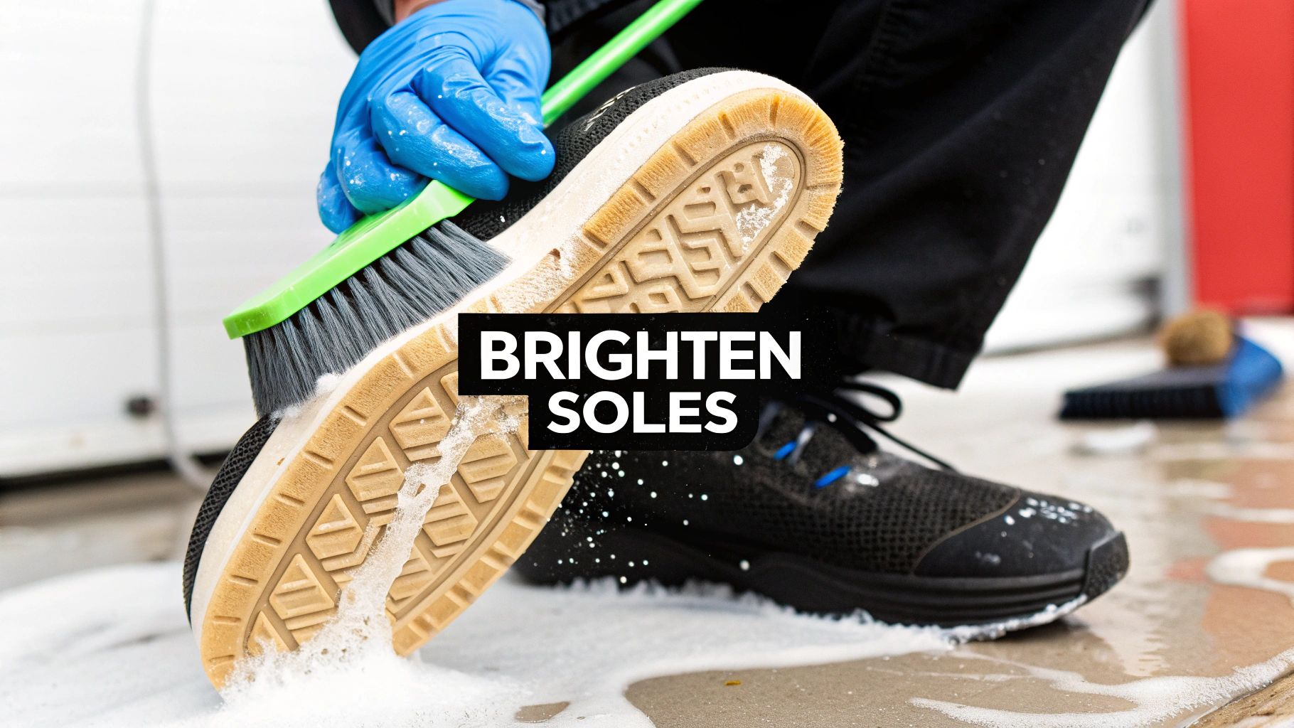 A person in blue gloves scrubs the tan sole of a black shoe with a green brush, creating white soap suds.